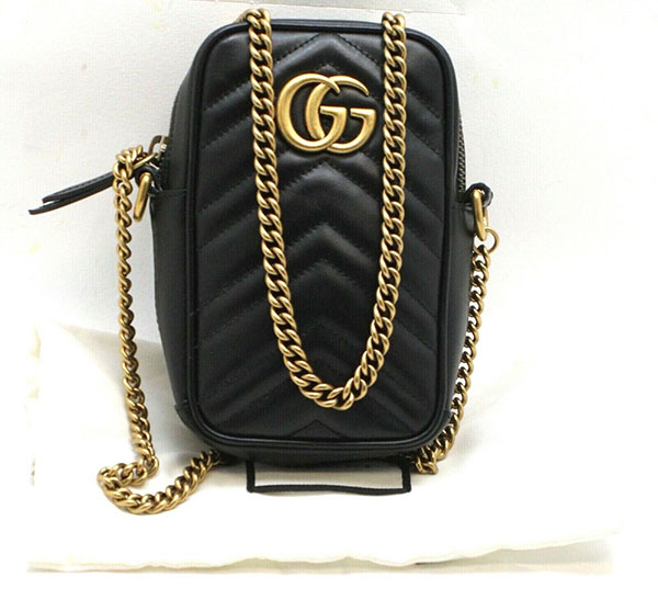Gucci GG Mini Marmont Chain Bag Black Leather Chevron Crossbody Shoulder Bag