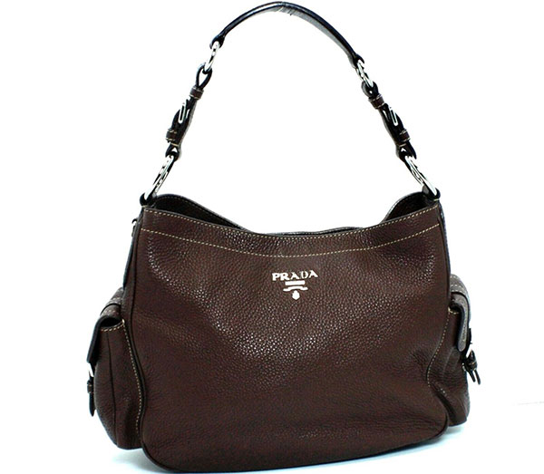 Prada Side Pocket Calfskin Hobo Shoulder Handbag Brown - GemandLoan