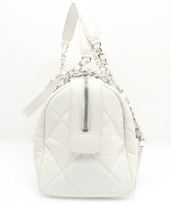 CHANEL Calfskin Quilted CC Top Handle Bowling Bag White 733501